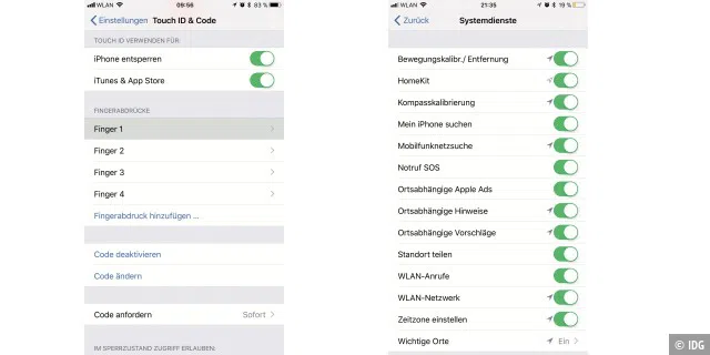 Nutzen Sie einen sicheren, komplexen Code für die Codesperre. (links) „Ortungsdienste > Systemdienste“ zeigt alle iOS-Dienste und Nutzungsanalysen. (rechts)