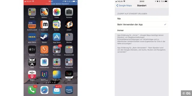 iOS 11 zeigt deutlich an, wenn eine App ortet oder das Mikrofon nutzt (Montage, links). Die Ortungsoption „Beim Verwenden der App“ ist jetzt immer möglich. (rechts)