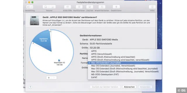 Das Festplattendienstprogramm in macOS High Sierra erstellt verschlüsselte und unverschlüsselte APFS-Partitionen.