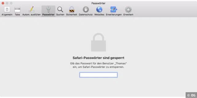 Um sich Benutzernamen und Passwörter anzeigen zu lassen, gibt man in den Voreinstellungen von Safari die Passwörter frei.