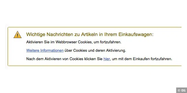 Schaltet man das Speichern von Cookies generell aus, kann man in einem Webshop nicht einkaufen.