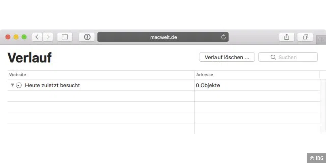 Beim privaten Surfen speichert Safari keine Daten auf dem Mac und hält auch nicht fest, welche Seiten man besucht hat. Der Verlauf bleibt leer.