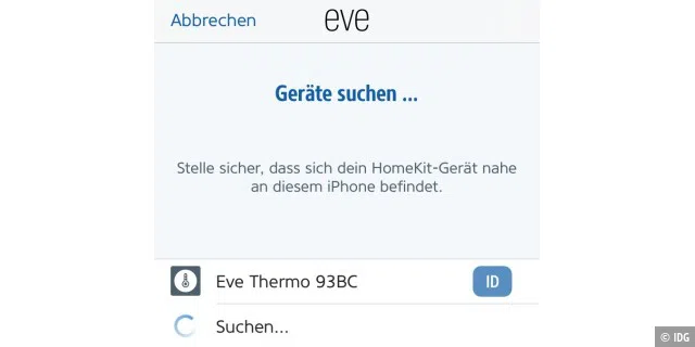 Die App findet das neue Eve Thermo binnen weniger Sekunden.