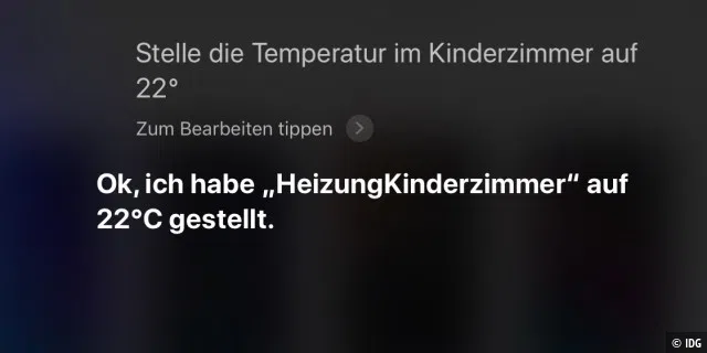 Siri stellt auf unsere gesprochene Anweisung hin die Temperatur ein.