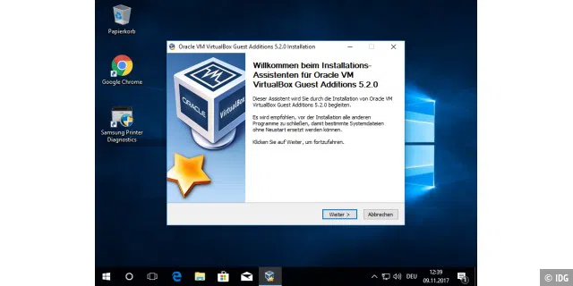 Auch VirtualBox besitzt ein Treiber-Set für Windows und Linux, das auf jeden Fall in der virtuellen Maschine installiert werden sollte