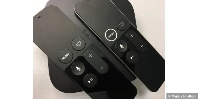 Das Apple TV 4K kommt nun mit einer etwas überarbeiteten Siri-Remote-Fernbedienung (rechts im Bild).