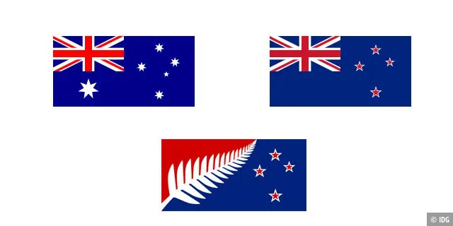 Australien (links oben), Neuseeland (rechts oben) und der abgelehnte Alternativ-Vorschlag für Neuseeland (unten Mitte)