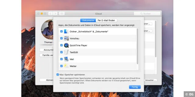 In den Optionen für iCloud Drive kann die Synchronisierung von macOS konfiguriert werden.