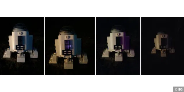 Das iPhone X (links) traf das Weiß des Lego R2-D2 auf den Punkt und erfasste auch einige Details bei schwierigen Lichtverhältnissen. Die Detailschärfe des Pixel 2 XL ist dagegen höher (zweites v. links). Das Note 8 (zweites v. rechts) und das v30 (rechts) machen im Vergleich eine weniger gute Figur.