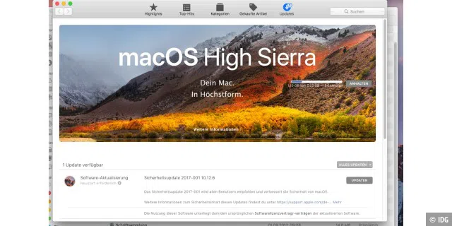 Durch die Aktualisierung zu macOS 10.13 wird APFS auf dem Mac installiert.