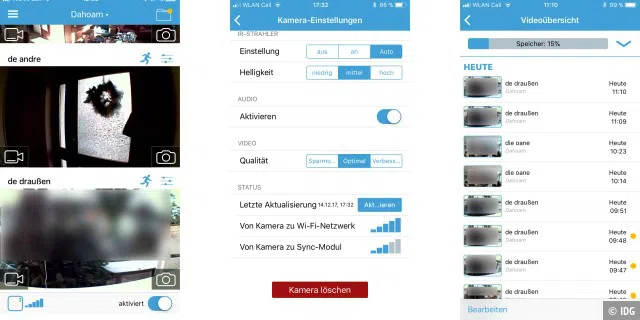 Bilder aus der App: Kameraübersichten, Einstellungen, Alarmmeldungen