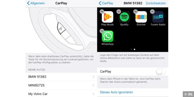 Der rechte Screenshot zeigt das Whatsapp-Icon im Einstellungsmenü von Carplay auf unserem iPhone 8. Der linke Screenshot zeigt das Auswahlmenü für das jeweilige Auto.