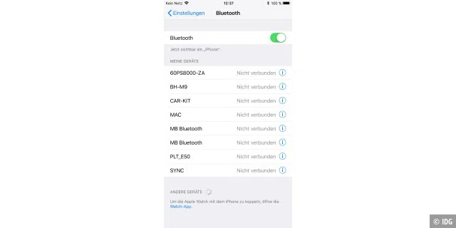 Klappt die Verbindung nicht, kann es sinnvoll sein, kurz Bluetooth auf dem iPhone zu deaktivieren.