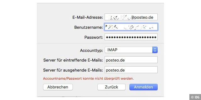 Kennt Mail den Provider nicht, muss man noch Angaben zu den Serveradressen machen und den Benutzernamen eintragen.