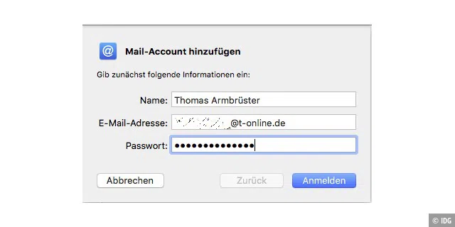 In den meisten Fällen genügt die Angabe von E-Mail-Adresse und Passwort, um das Konto einzurichten.