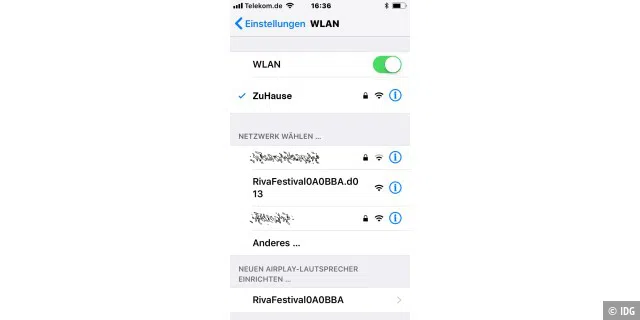 Die Konfiguration des WLANs erfolgt sehr einfach über die WLAN-Einstellungen von iOS. Unter „Neuen Aitplay-Lautsprecher einrichten ...“ taucht nach kurzer Zeit der Lautsprecher auf und kann so leicht mit dem WLAN des iOS-Gerätes verbunden werden.