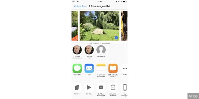 Die Teilen-Option ist in vielen Apps auf dem iPhone verfügbar, um Dateien und Bilder an andere Geräte mit Airdrop zu versenden.