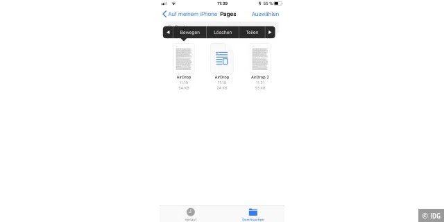 Auch in der App „Dateien“ lassen sich in iOS Dokumente an andere Geräte per Airdrop verschicken.