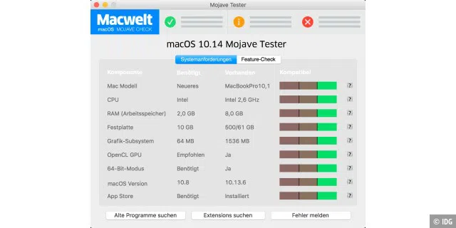 So startet Prüfsoftware Mojave Tester von Macwelt auf einem Macbook Pro Retina von 2012. Dieses Mac-Modell wird von Mojave noch unterstützt.