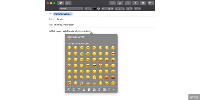Ein Button im Nachrichtenfenster von Mail erleichtert das Einfügen von Emojis.