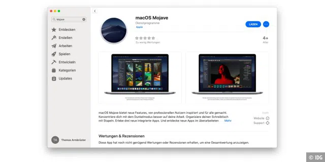 Sucht man im neuen Mac App Store nach „Mojave“, fördert dies die Installationsdatei zu Tage.