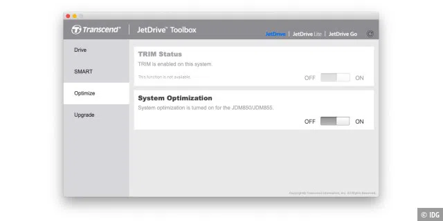 TRIM lässt sich in der JetDrive Toolbox nicht ein- und ausschalten, da das das macOS übernimmt.