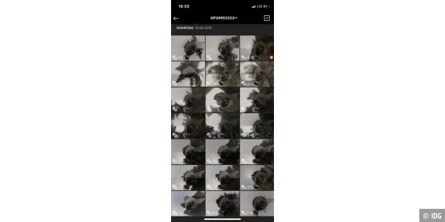Im Browser der GoPro App werden die Aufnahmen übersichtlich nach Datum geordnet.