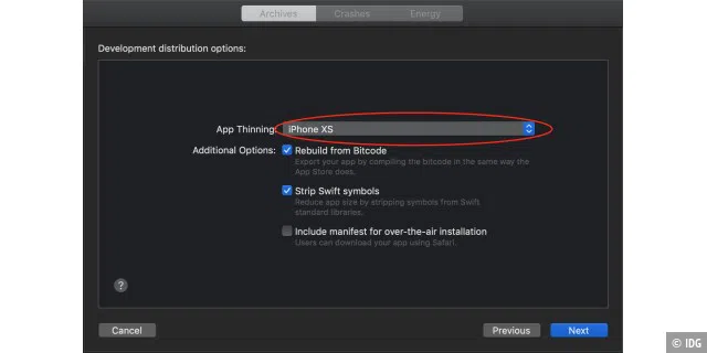 Xcode kann beim Export der App den App Store simulieren, dazu aktiviert man das „App Thinning“.