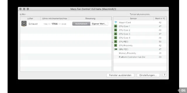 Die App Macs Fan Control zeigt die aktuelle Temperatur einer Grafikkarte.
