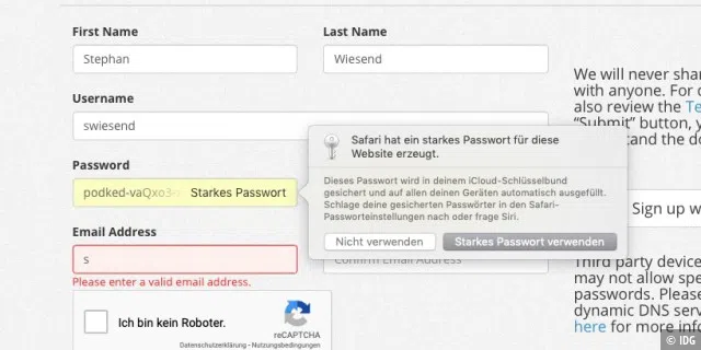 In Safari kann das Schlüsselbund ein Passwort vorschlagen und speichern.