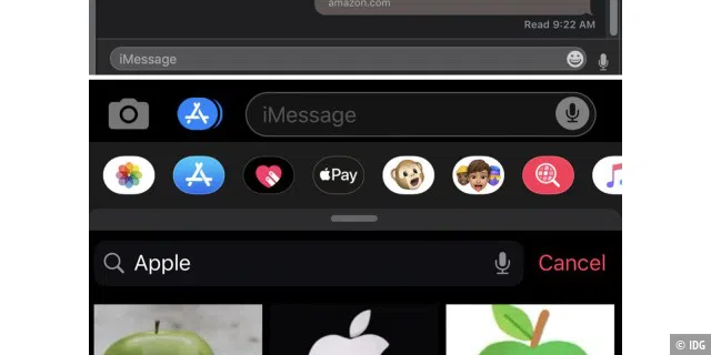 Auf iOS erhalten Sie GIFs, Apple Pay, Animoji, Memoji, Fotos, Digital Touch und mehr. Auf macOS (oben) erhalten Sie.... Emoji.