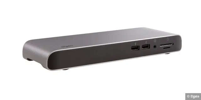 Das Thunderbolt 3 Pro Dock passt mit seinem dunklen Grau sehr gut zu den Macs. Speicherkartenleser und Headset-Anschluss sind sehr gut von Vorne zugänglich.
