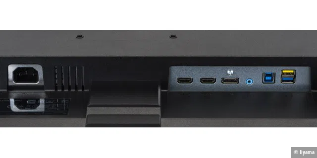 Die Anschlüsse des Display: zwei HDMI-Eingänge, einen Displayport und einen USB-Hub mit zwei USB-3.0-Schnittstellen sowie ienen Kopfhöreranschluss