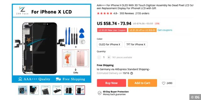 LCD-Ersatzdisplays für das iPhone X gibt es schon ab 59 Dollar.