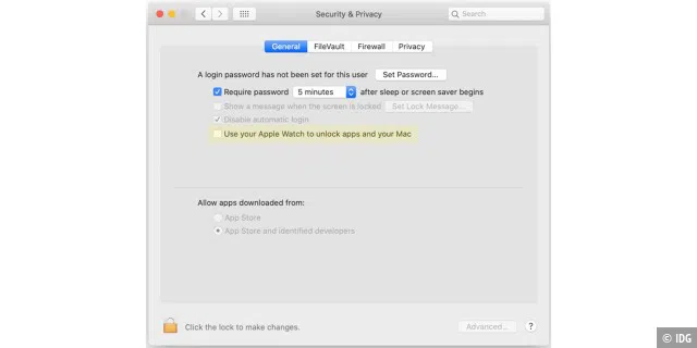 Die Systemeinstellung Sicherheit bietet die Möglichkeit, Ihre Apple Watch so einzustellen, dass Apps und Ihr Mac freigeschaltet werden können.
