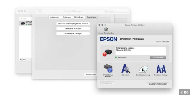 Über den Reiter Sonstiges kann man Dienstprogramme des Druckers starten, hier ein Tool von Epson.