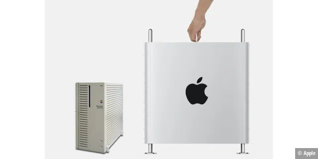 Dazwischen liegen 28 Jahre: Links der erste Tower-Mac, der Quadra 700 (1991), rechts der neue Mac Pro (2019). Die Darstellung ist in etwa maßstabsgetreu. Beide kosten bei Markteinführung 6000 US-Dollar.