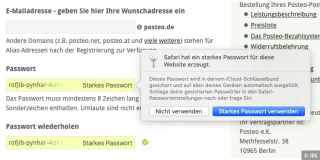 Ist der Schlüsselbund für iCloud aktiviert, erzeugt Safari automatisch starke Passwörter bei der Neuanmeldung auf einer Webseite.