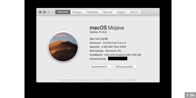 Systeminformationen lässt sich auch über den Info-Dialog „Über diesen Mac“ im Apfel-Menü starten. Klicken Sie auf „Systembericht“.