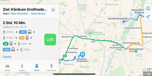 Mit der U-Bahn kommt man von der Studentenstadt in einer halben Stunde nach Großhadern. Die sechs Münchener Linien ignoriert Apple Mpas aber noch völlig.