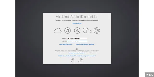 Meldet man sich mit einer Apple-ID an, gibt es bei der Einrichtung des Macbooks mehr Optionen.