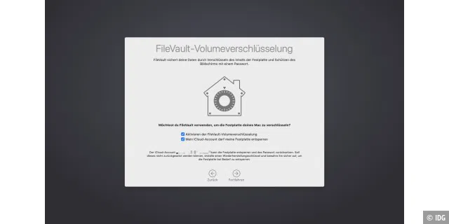 FileVault lässt sich bei der Einrichtung nur aktivieren, wenn man mit der Apple-ID angemeldet ist.
