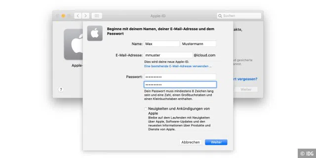 Für eine neue Apple-ID kann man eine E-Mail-Adresse bei Apple einrichten oder eine schon vorhandene verwenden.
