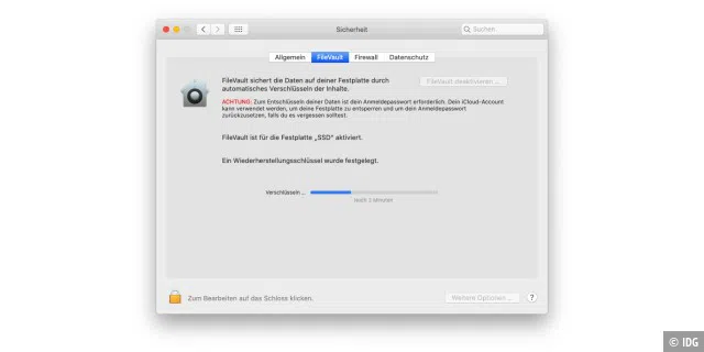 Ist FileVault nicht bei der Einrichtung des Macbooks aktiviert worden, holt man das später in der Systemeinstellung „Sicherheit“ nach.