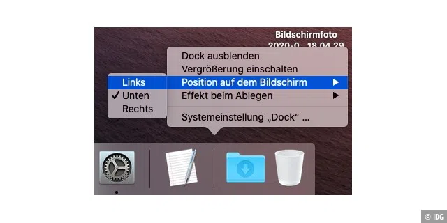 Über das Kontextmenü des Docks legt man fest, wo es auf dem Monitor angeordnet sein soll.