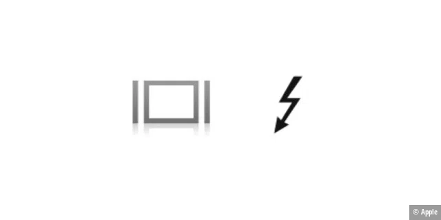 DisplayPort-Steckersymbol (links); Thunderbolt 2 (rechts)