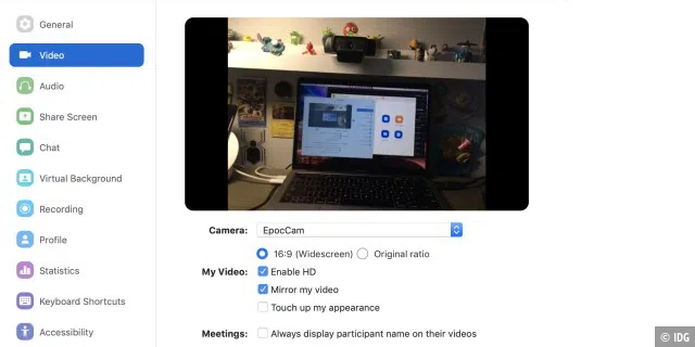 Stellen Sie in dem jeweiligen Programm die Quelle der Webcam einfach auf EpocCam ein.
