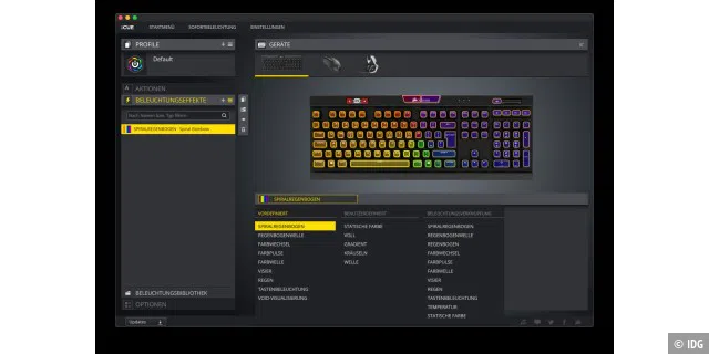 Optisch sehr auffällig ist die RGB-Beleuchtung der Tastatur. Mit der iCUE-Software lässt sich diese an den eigenen Geschmack anpassen.