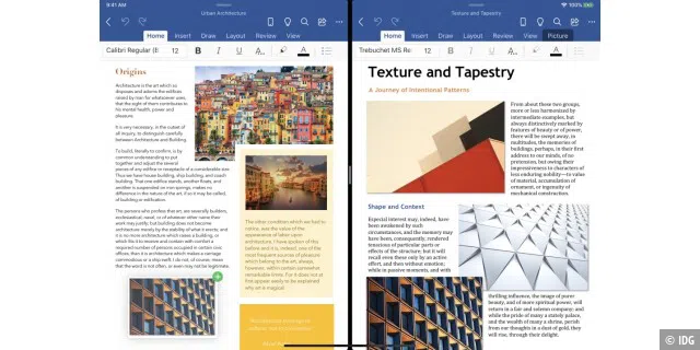 Zwei Word-Dokumente nebeneinander auf dem iPad