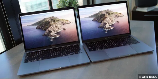 Das neue Macbook Pro (links) hat den gleichen 500-Nit-Retina-Bildschirm mit 2560 x 1600 Pixeln und Hintergrundbeleuchtung wie sein Vorgänger (rechts). Einschließlich der großen Blende.